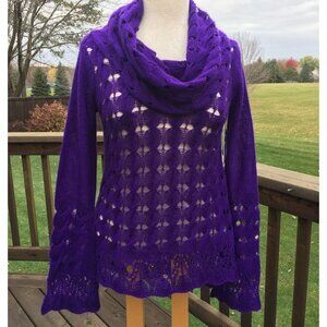 Nine West Womens Sweater sz XS Plum Purple Cowl Neck Open Thin Knit Long Sleeve